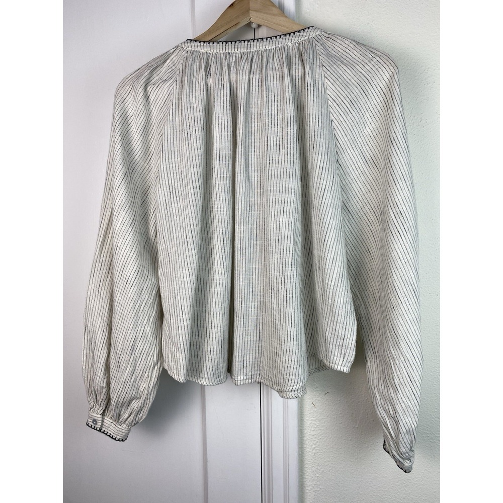 Zara Women S Creamy White Black Striped Embroidered Puff Sleeve Button Up Blouse - Picture 5 of 8